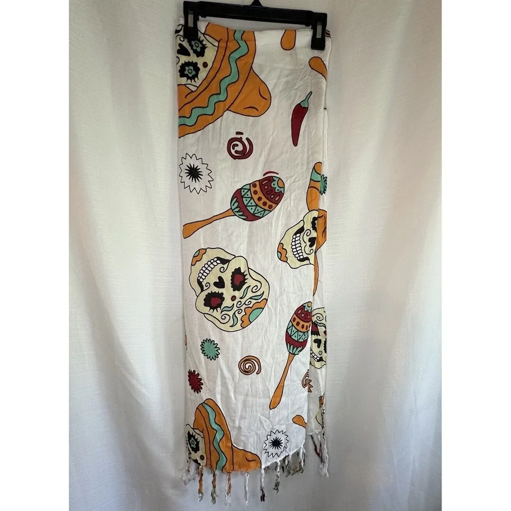 Boho Pareo Sarong Wrap – Sugar Skull Sombrero Print – Festival Beach Scarf OS‎